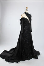 Asymmetrical High Neck Black Mother of the Bride Dress with Sleeves KY067