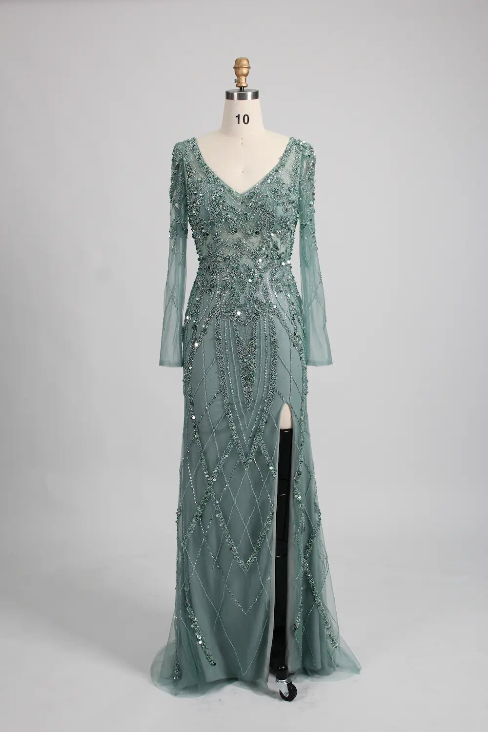 Teal beaded tulle long gown with V-neck and diamond-pattern bead detailing