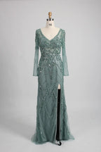 Teal beaded tulle long gown with V-neck sheer sleeves and flowing train