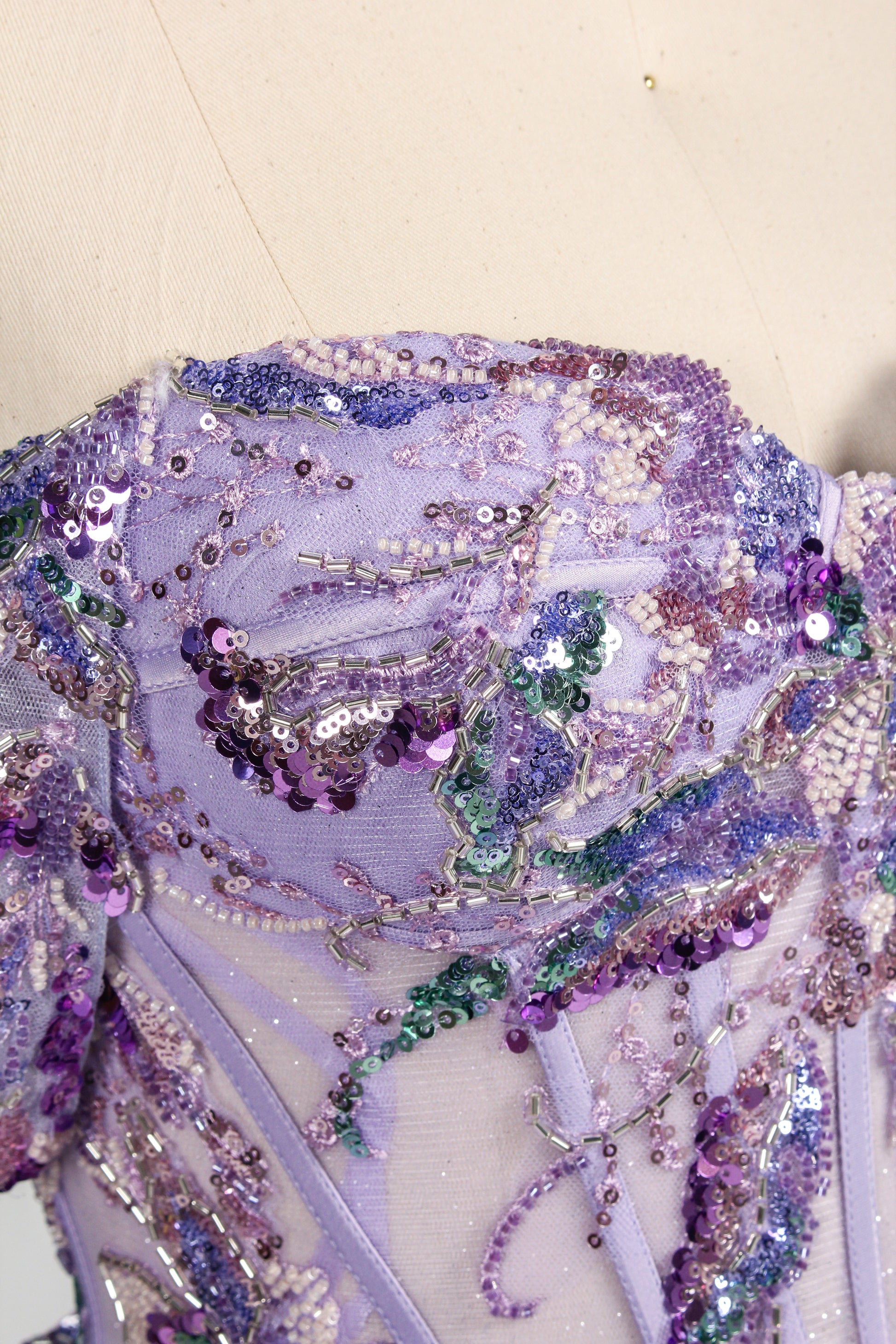 Enchanted Lavender Glitter Tulle Ball Gown with Crystal Beaded Bodice and Draped Sleeves 3373