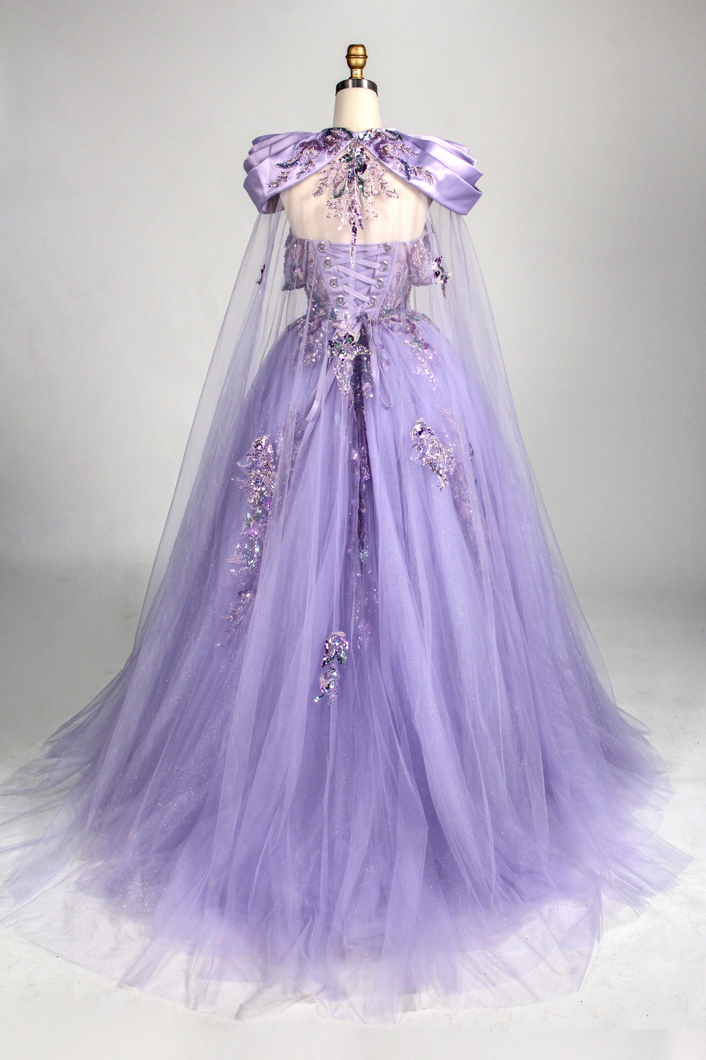Enchanted Lavender Glitter Tulle Ball Gown with Crystal Beaded Bodice and Draped Sleeves 3373
