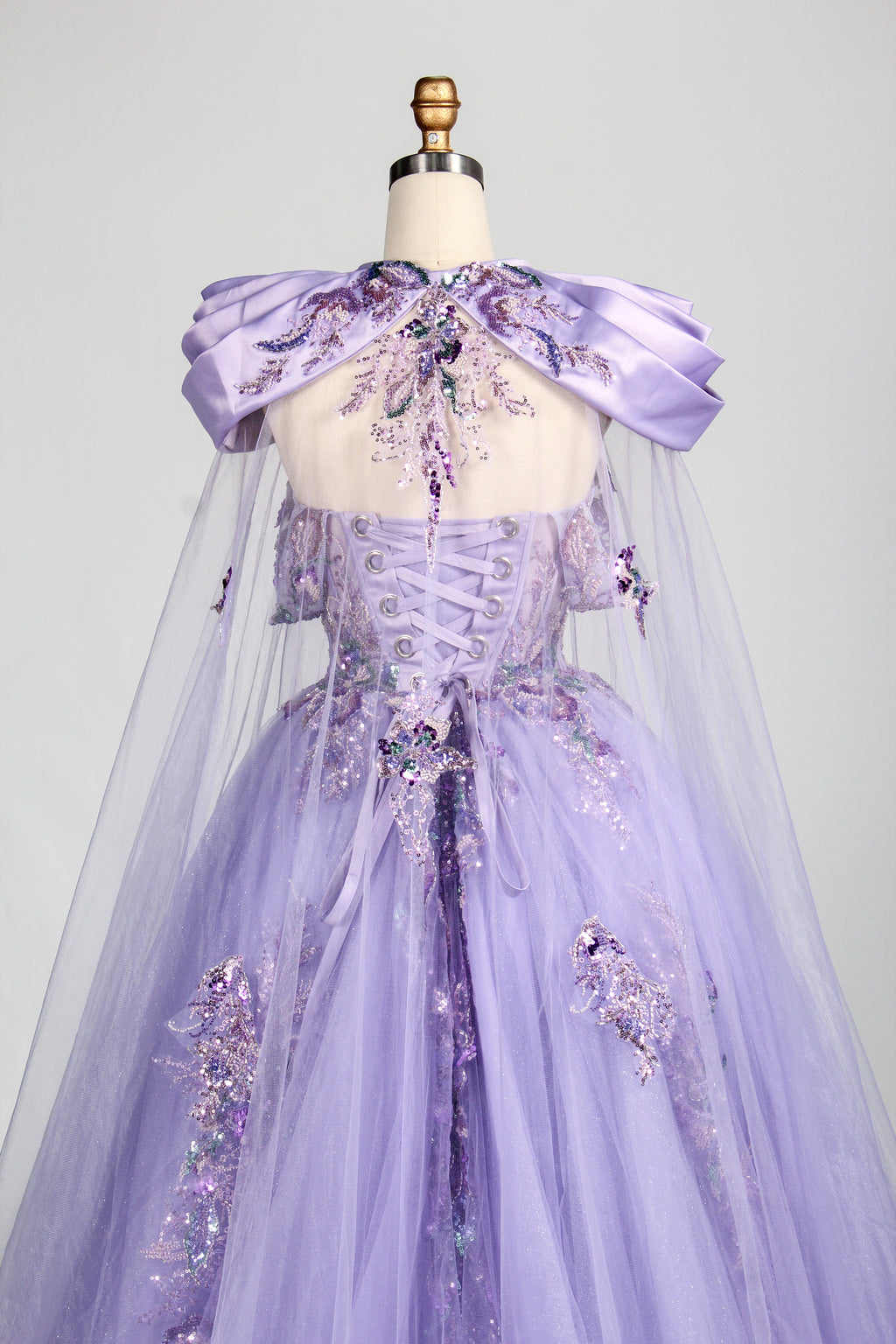 Enchanted Lavender Glitter Tulle Ball Gown with Crystal Beaded Bodice and Draped Sleeves 3373
