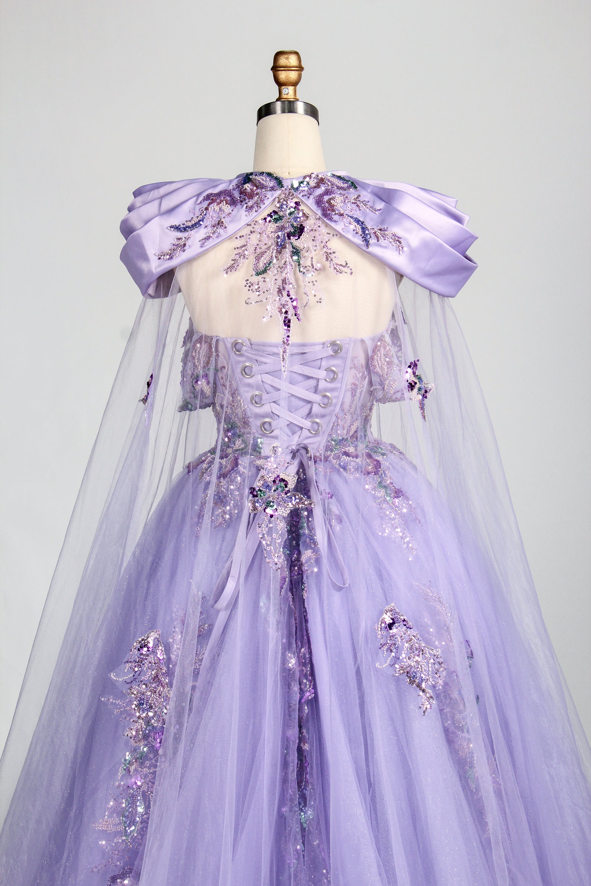 Enchanted Lavender Glitter Tulle Ball Gown with Crystal Beaded Bodice and Draped Sleeves 3373