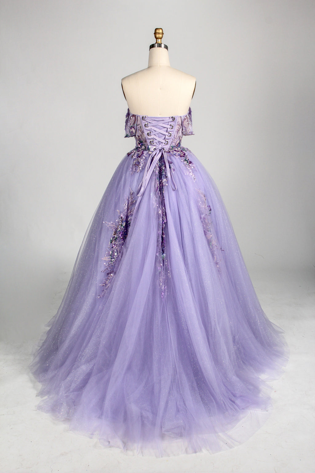 Enchanted Lavender Glitter Tulle Ball Gown with Crystal Beaded Bodice and Draped Sleeves 3373