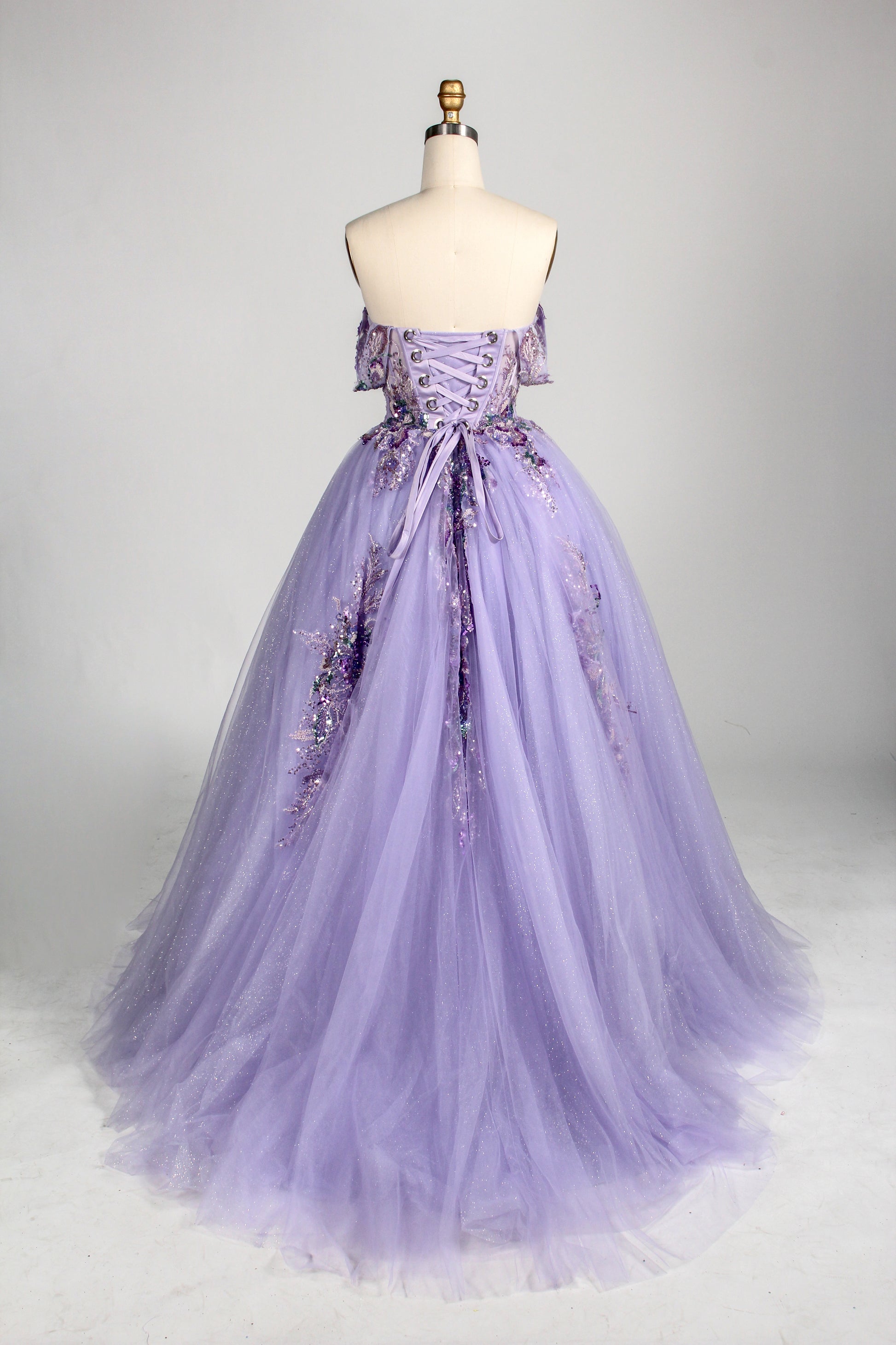 Enchanted Lavender Glitter Tulle Ball Gown with Crystal Beaded Bodice and Draped Sleeves 3373