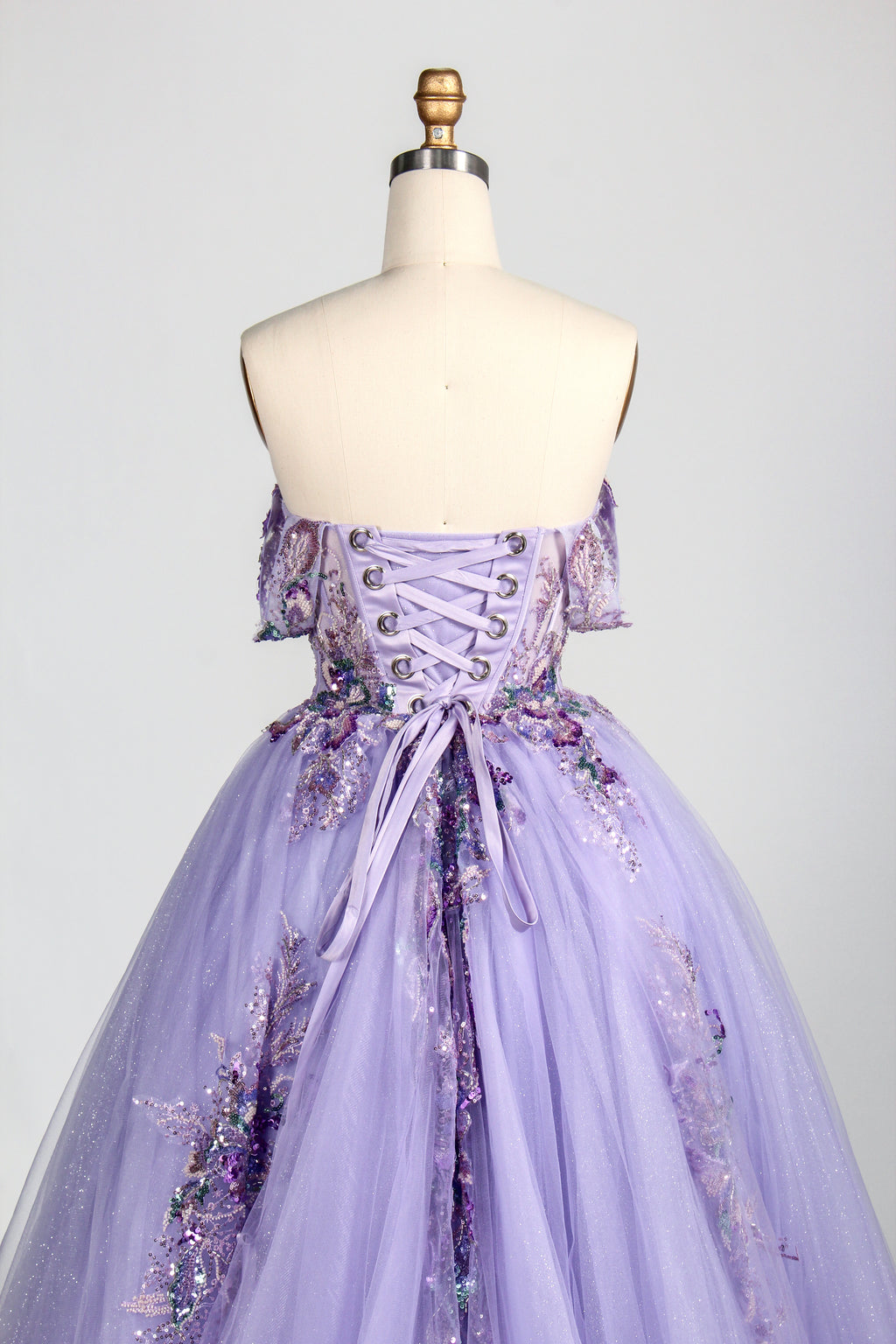 Enchanted Lavender Glitter Tulle Ball Gown with Crystal Beaded Bodice and Draped Sleeves 3373