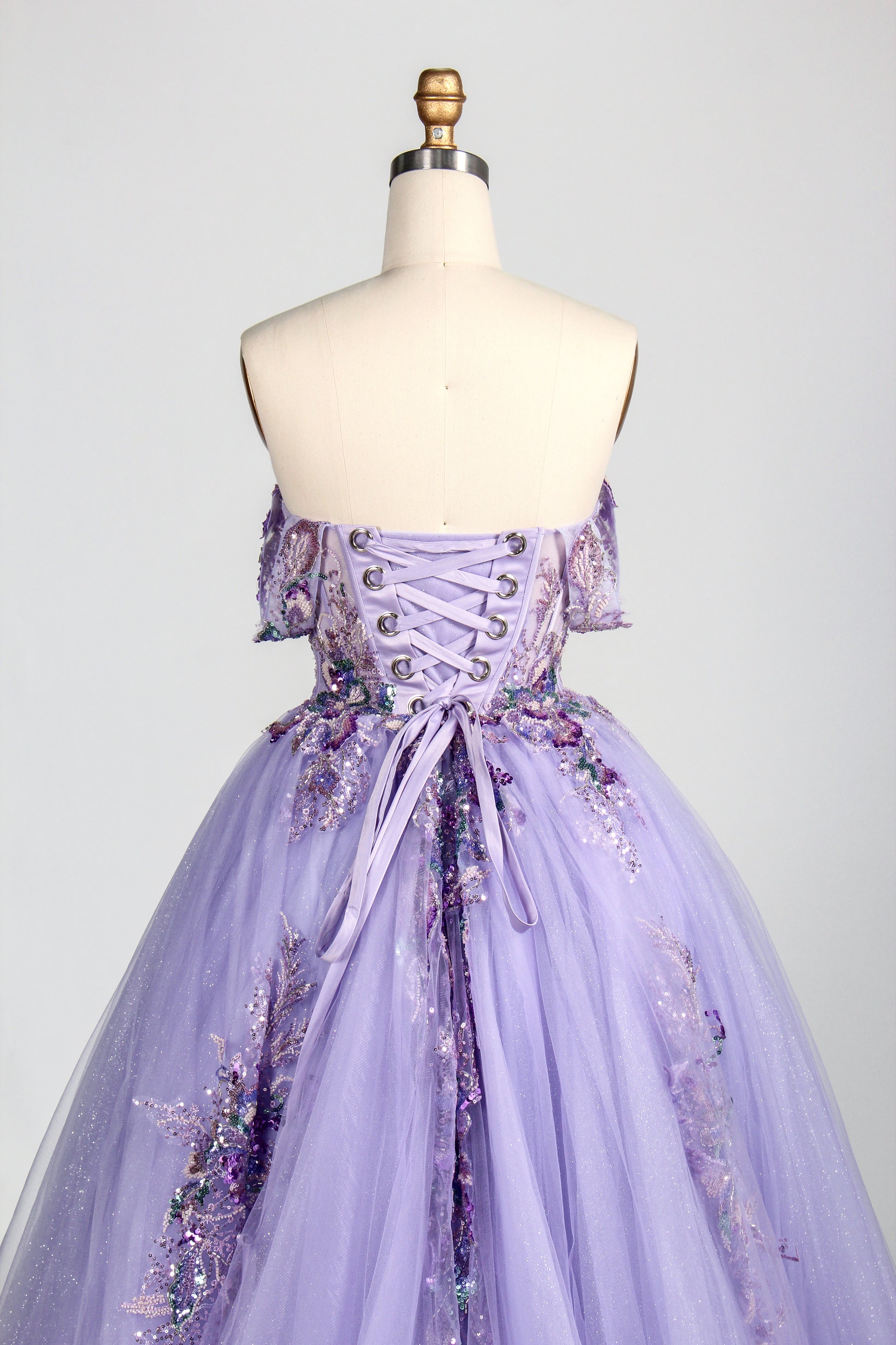 Enchanted Lavender Glitter Tulle Ball Gown with Crystal Beaded Bodice and Draped Sleeves 3373