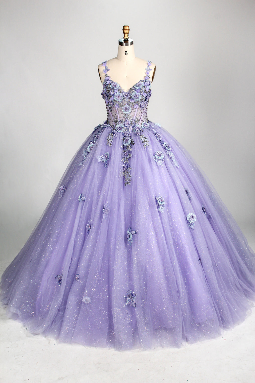 Wholesale Lilac Spaghetti Strap Quinceañera Dress 3D Floral Appliqués Glitter Ball Gown 3374