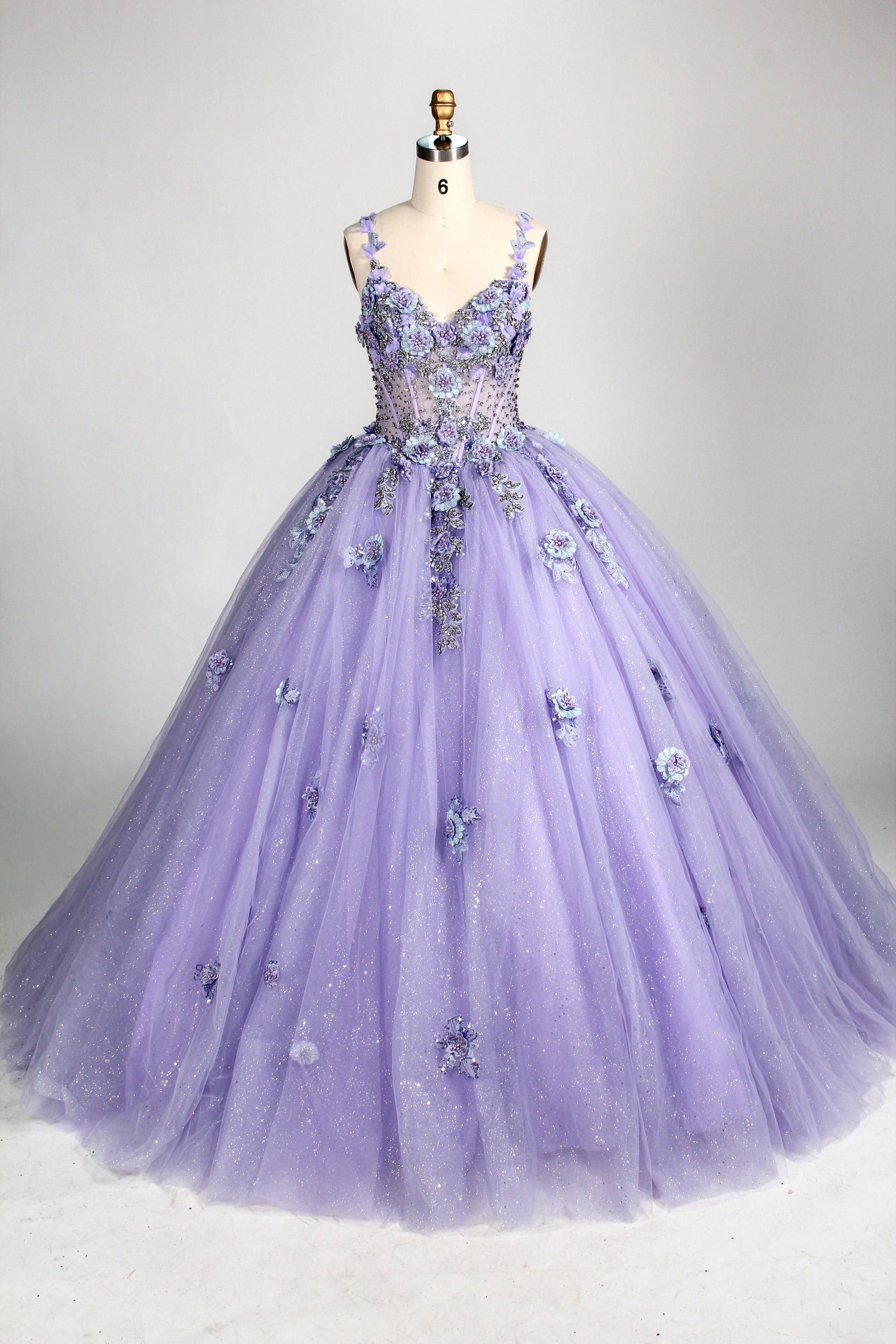 Wholesale Lilac Spaghetti Strap Quinceañera Dress 3D Floral Appliqués Glitter Ball Gown 3374