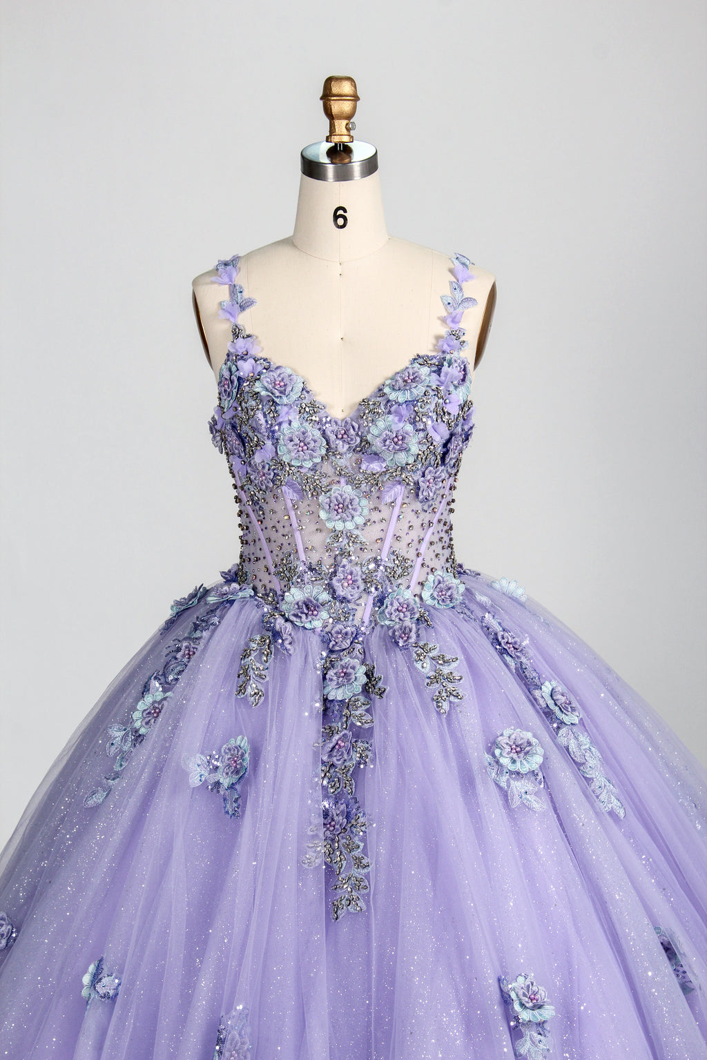 Wholesale Lilac Spaghetti Strap Quinceañera Dress 3D Floral Appliqués Glitter Ball Gown 3374