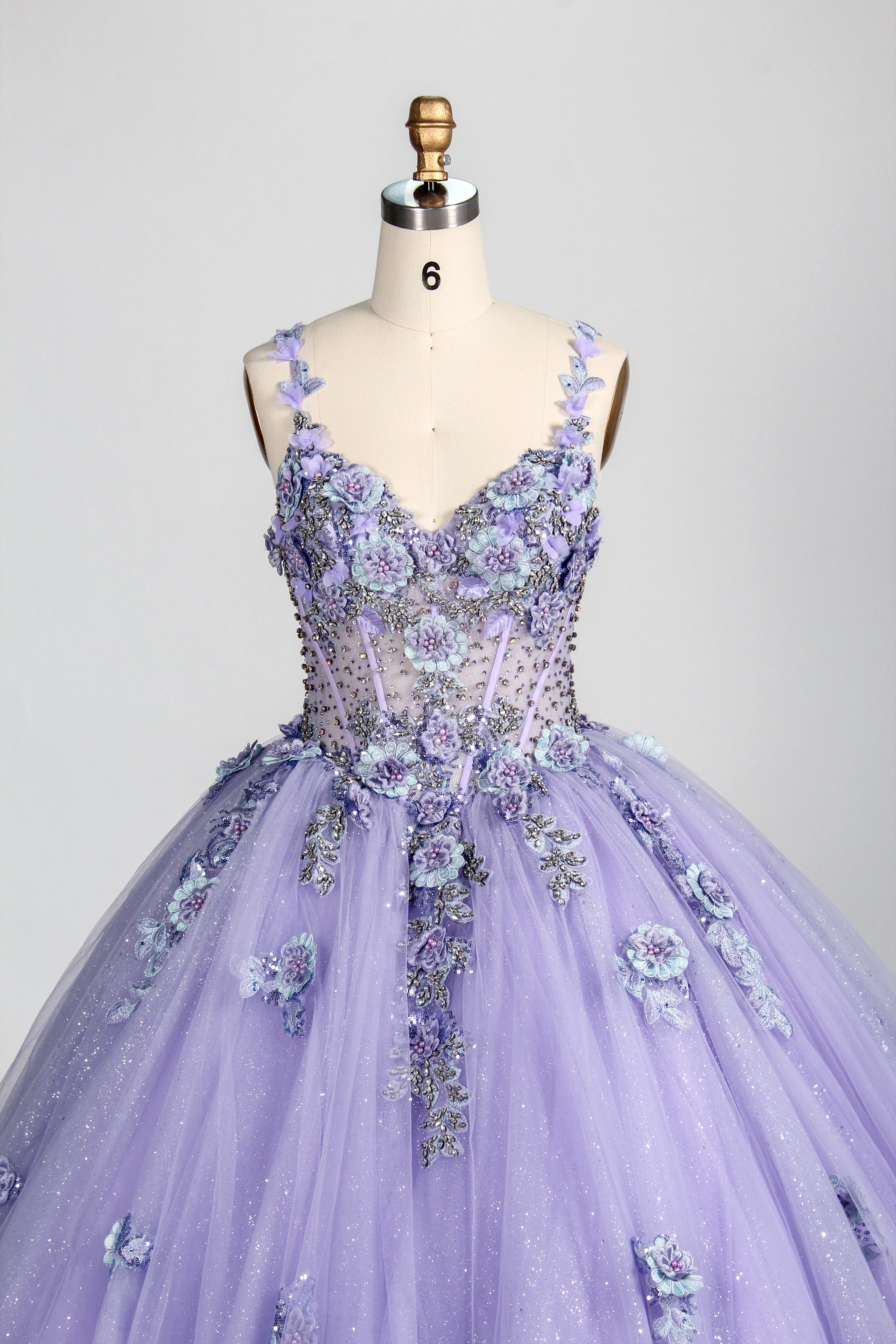 Wholesale Lilac Spaghetti Strap Quinceañera Dress 3D Floral Appliqués Glitter Ball Gown 3374