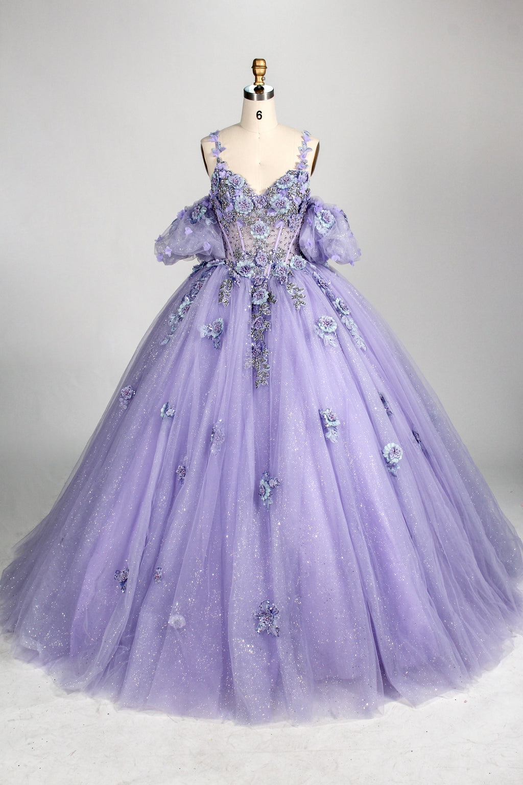 Wholesale Lilac Spaghetti Strap Quinceañera Dress 3D Floral Appliqués Glitter Ball Gown 3374