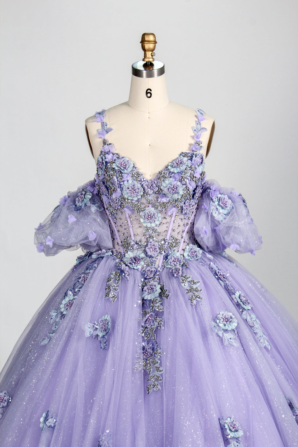 Wholesale Lilac Spaghetti Strap Quinceañera Dress 3D Floral Appliqués Glitter Ball Gown 3374