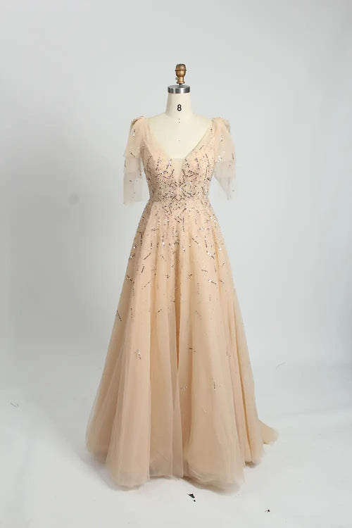 Champagne A-line mother-of-the-bride dress with short sleeves and sequin bodice