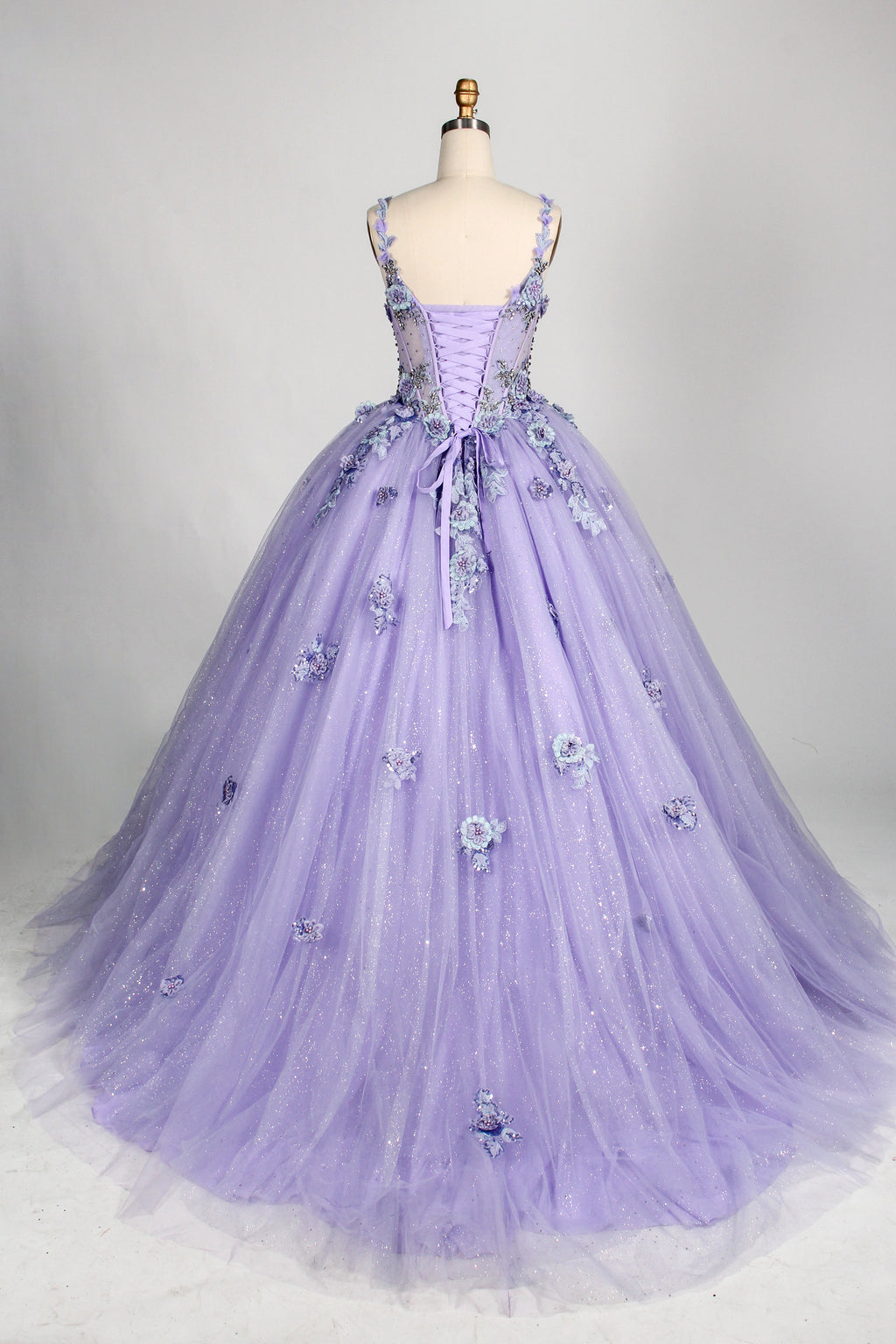 Wholesale Lilac Spaghetti Strap Quinceañera Dress 3D Floral Appliqués Glitter Ball Gown 3374
