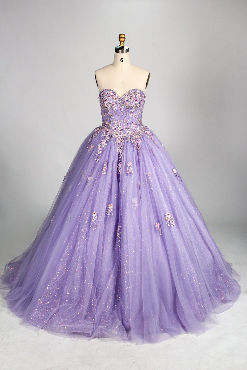 Wholesale Lilac Strapless Sweetheart Quinceañera Dress 3D Floral Appliqués Glitter Ball Gown 3376