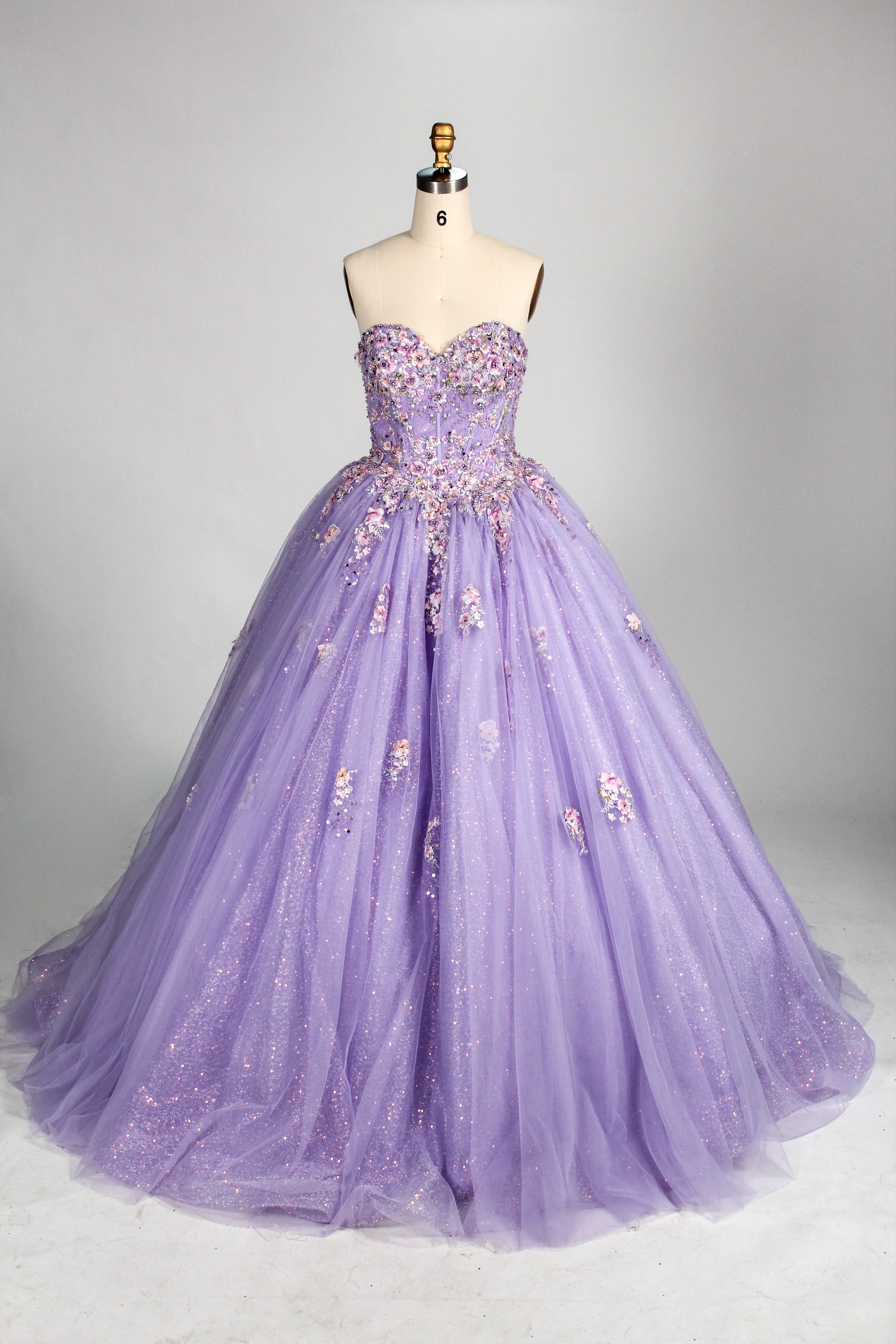 Wholesale Lilac Strapless Sweetheart Quinceañera Dress 3D Floral Appliqués Glitter Ball Gown 3376