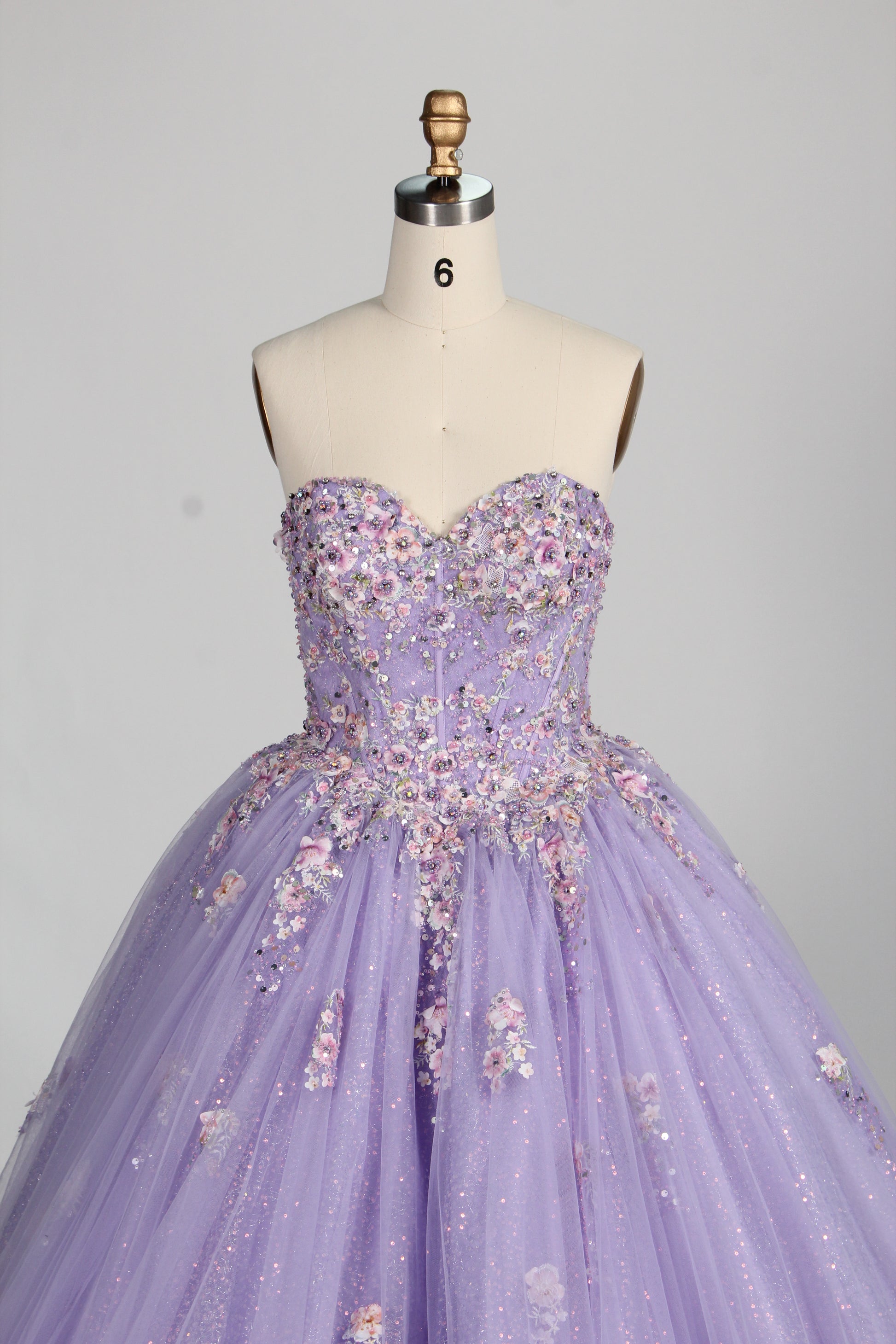Wholesale Lilac Strapless Sweetheart Quinceañera Dress 3D Floral Appliqués Glitter Ball Gown 3376