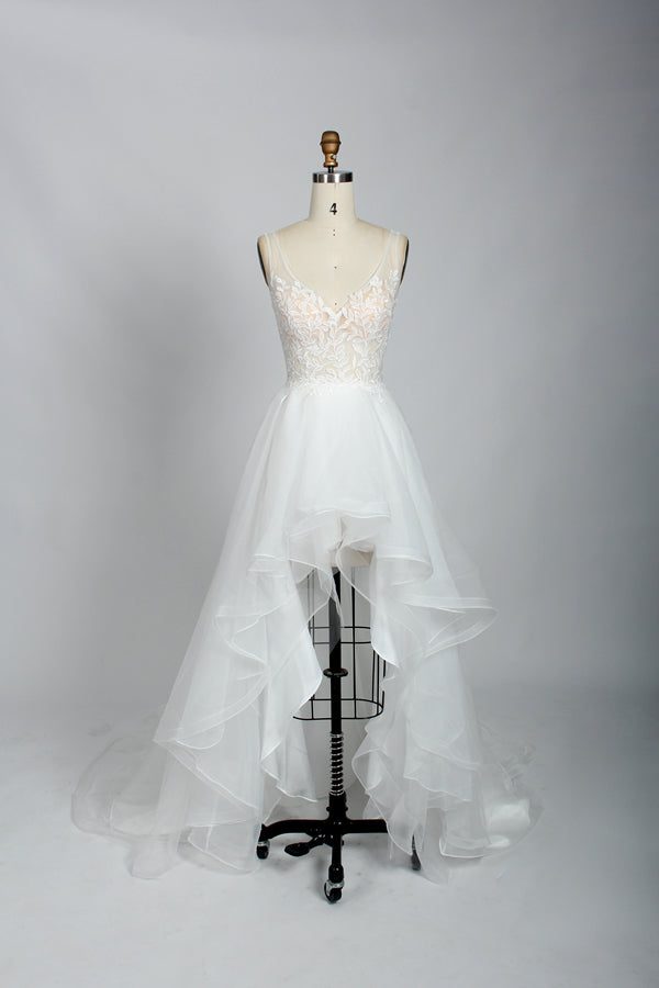 Wholesale Plunging V - Neck Lace High - Low Tulle Wedding Dress 3301