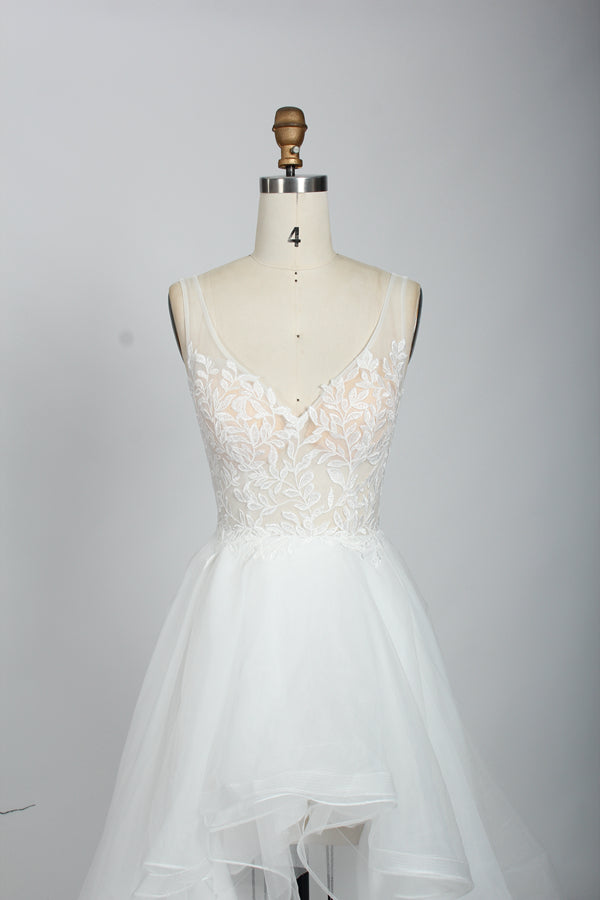 Wholesale Plunging V - Neck Lace High - Low Tulle Wedding Dress 3301