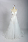 Manufacturer Plunging V - Neck Embroidered Tulle Wedding Dress 3302