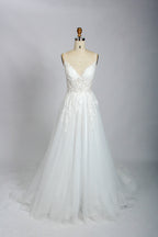 Manufacturer Plunging V - Neck Embroidered Tulle Wedding Dress 3302