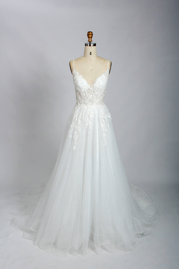 Manufacturer Plunging V - Neck Embroidered Tulle Wedding Dress 3302