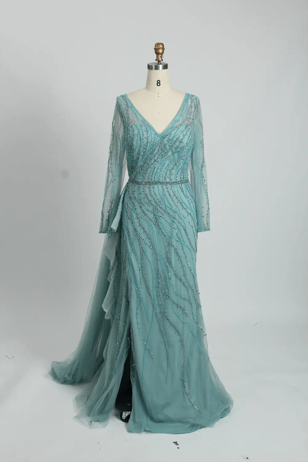 V-Neck Ruched A-Line Mother of the Bride Dress with Long Sleeves MC095