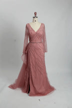 V-Neck Ruched A-Line Mother of the Bride Dress with Long Sleeves MC095