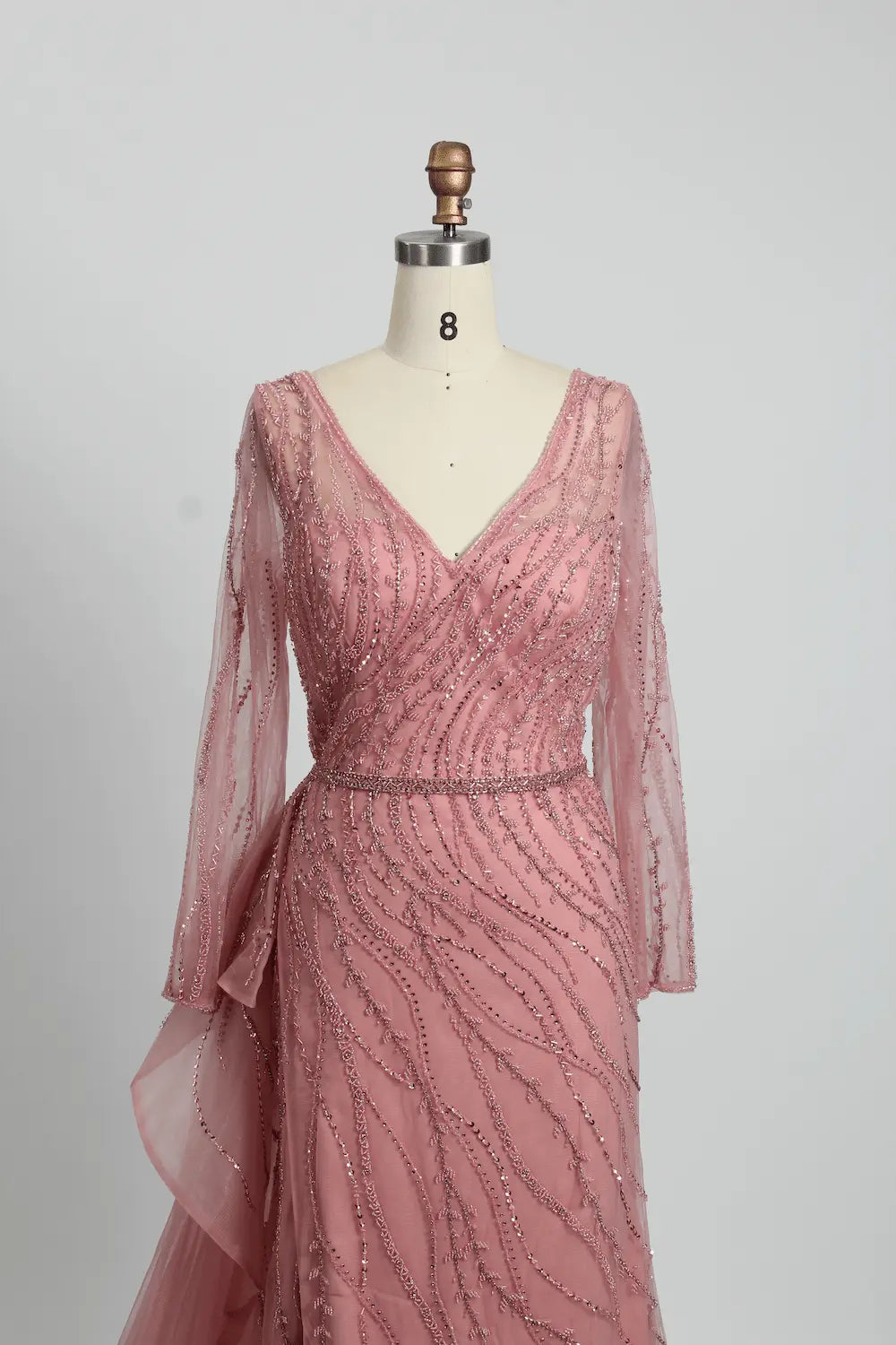 V-Neck Ruched A-Line Mother of the Bride Dress with Long Sleeves MC095