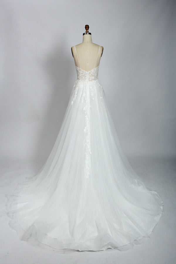 Manufacturer Plunging V - Neck Embroidered Tulle Wedding Dress 3302