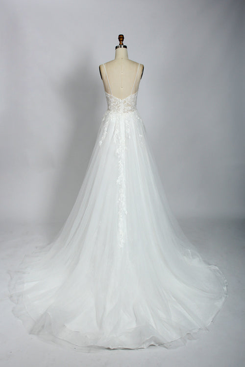 Manufacturer Plunging V - Neck Embroidered Tulle Wedding Dress 3302