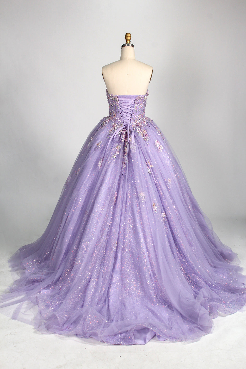 Wholesale Lilac Strapless Sweetheart Quinceañera Dress 3D Floral Appliqués Glitter Ball Gown 3376