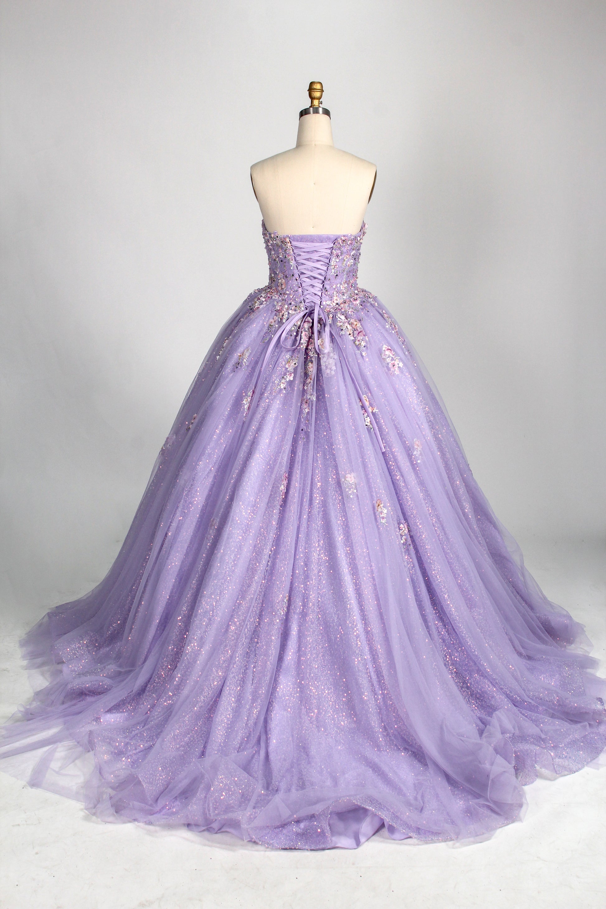 Wholesale Lilac Strapless Sweetheart Quinceañera Dress 3D Floral Appliqués Glitter Ball Gown 3376