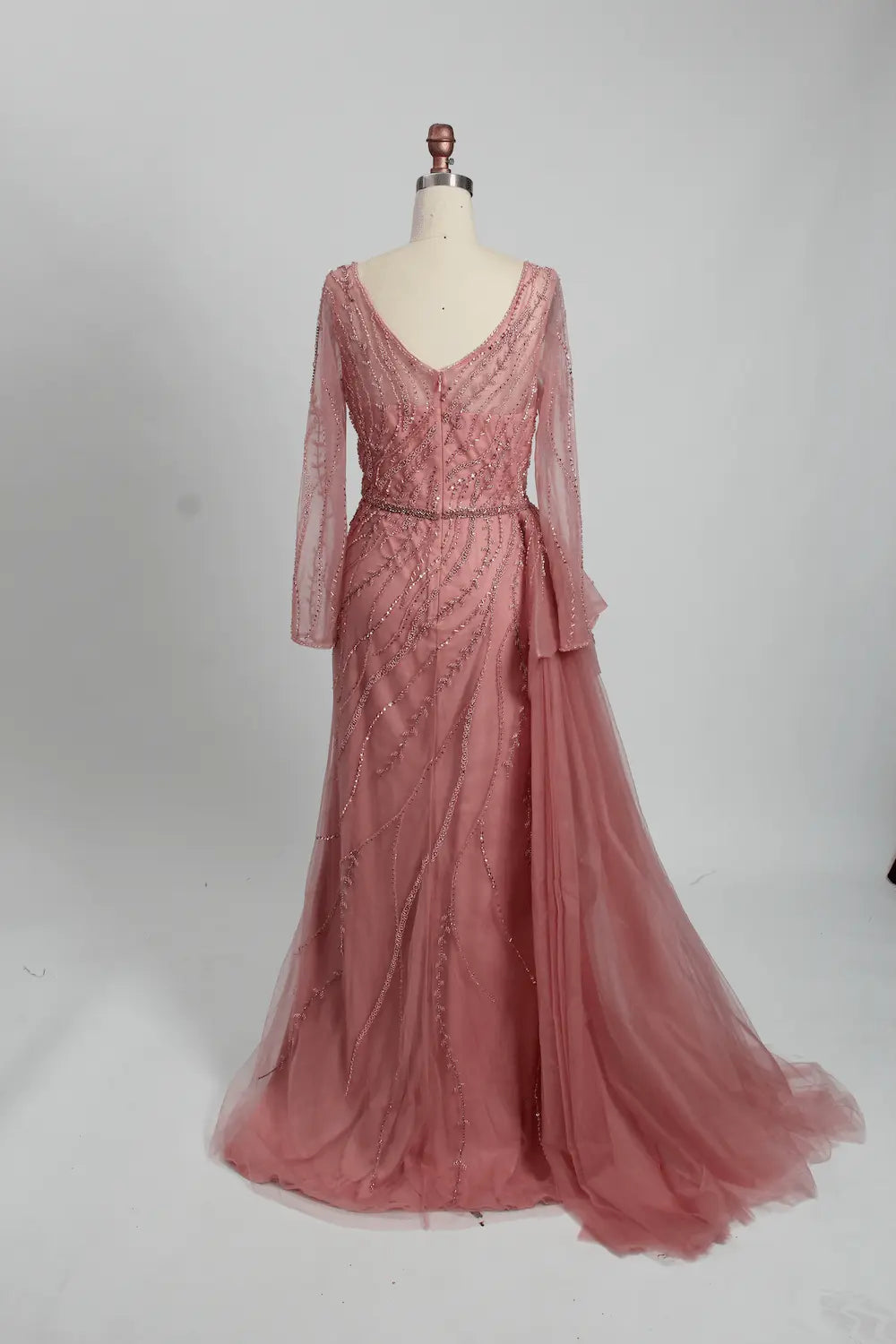 V-Neck Ruched A-Line Mother of the Bride Dress with Long Sleeves MC095