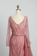 V-Neck Ruched A-Line Mother of the Bride Dress with Long Sleeves MC095