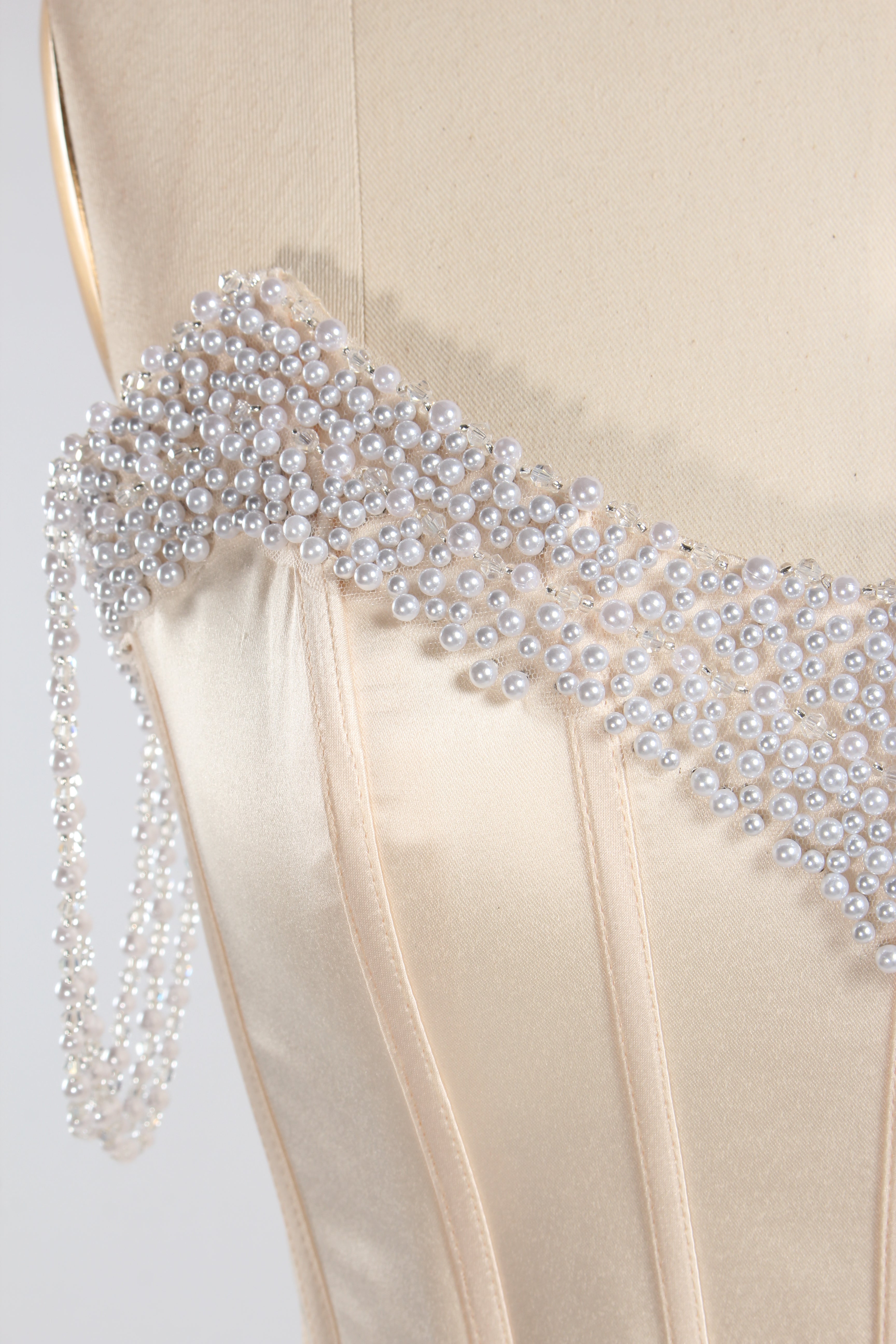 Wholesale Champagne Pearl Beaded Satin Prom Dress KT1464