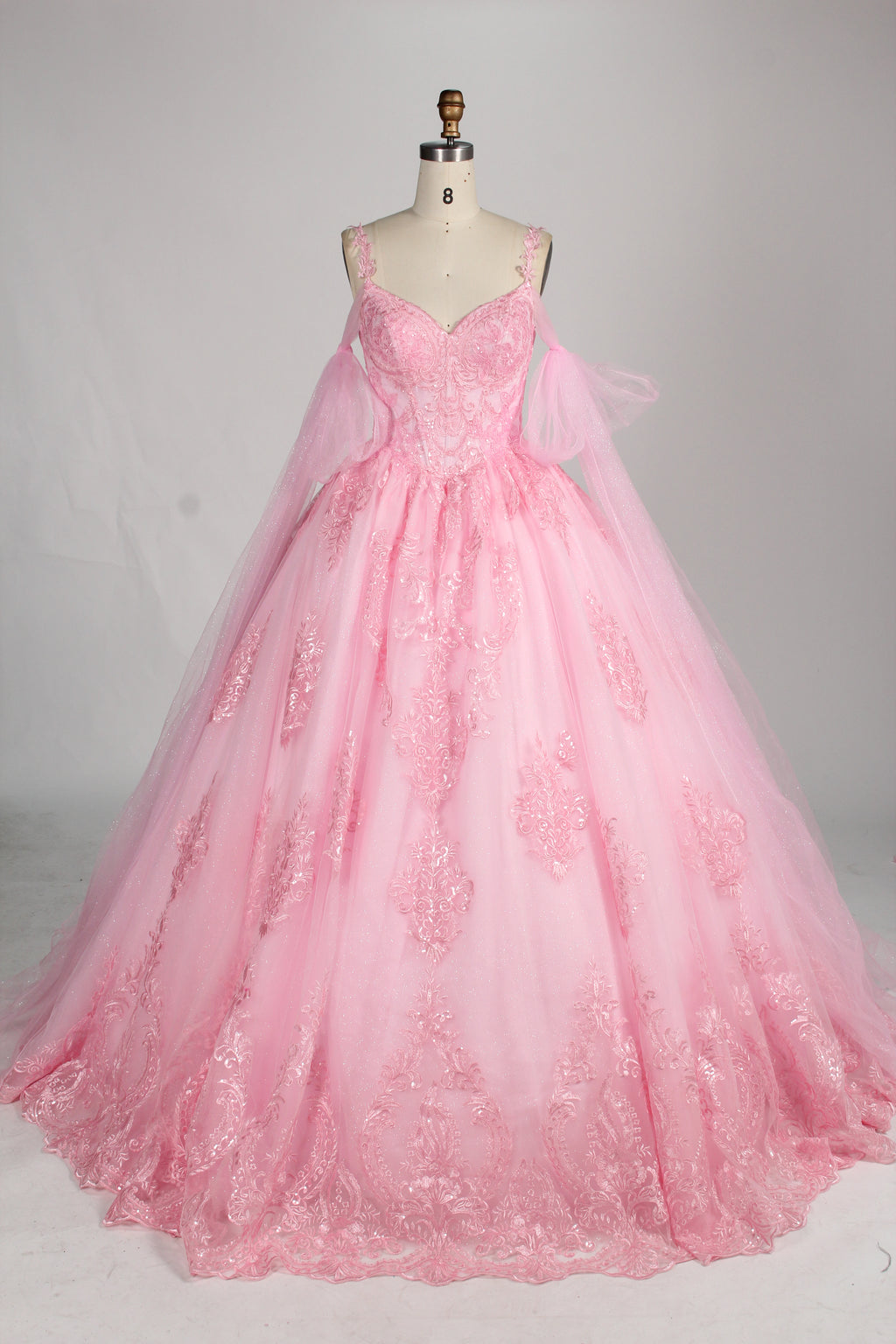Wholesale Pink Princess Quinceañera Dress Detachable Tulle Sleeves Sequin Lace Ball Gown 3375
