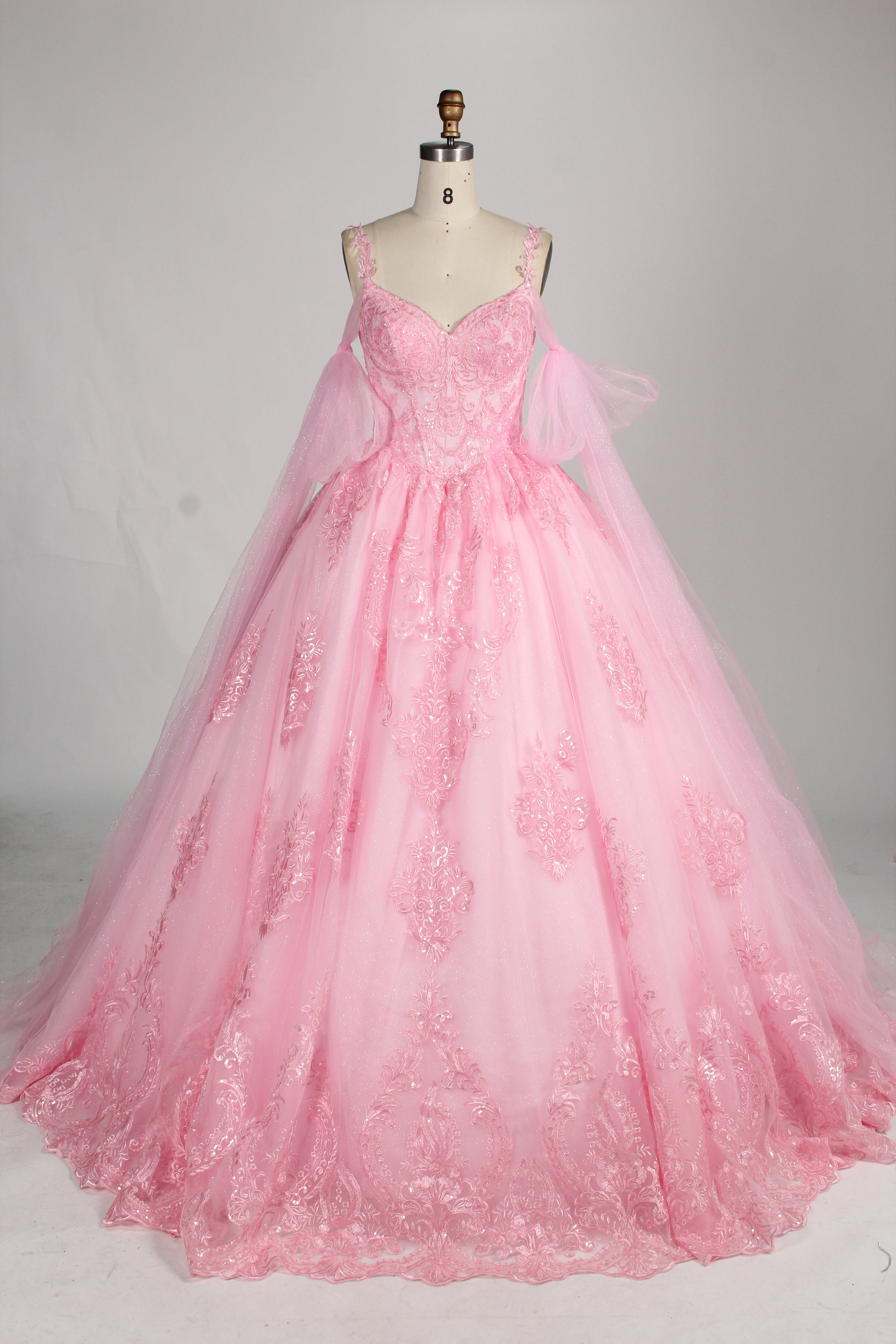 Wholesale Pink Princess Quinceañera Dress Detachable Tulle Sleeves Sequin Lace Ball Gown 3375