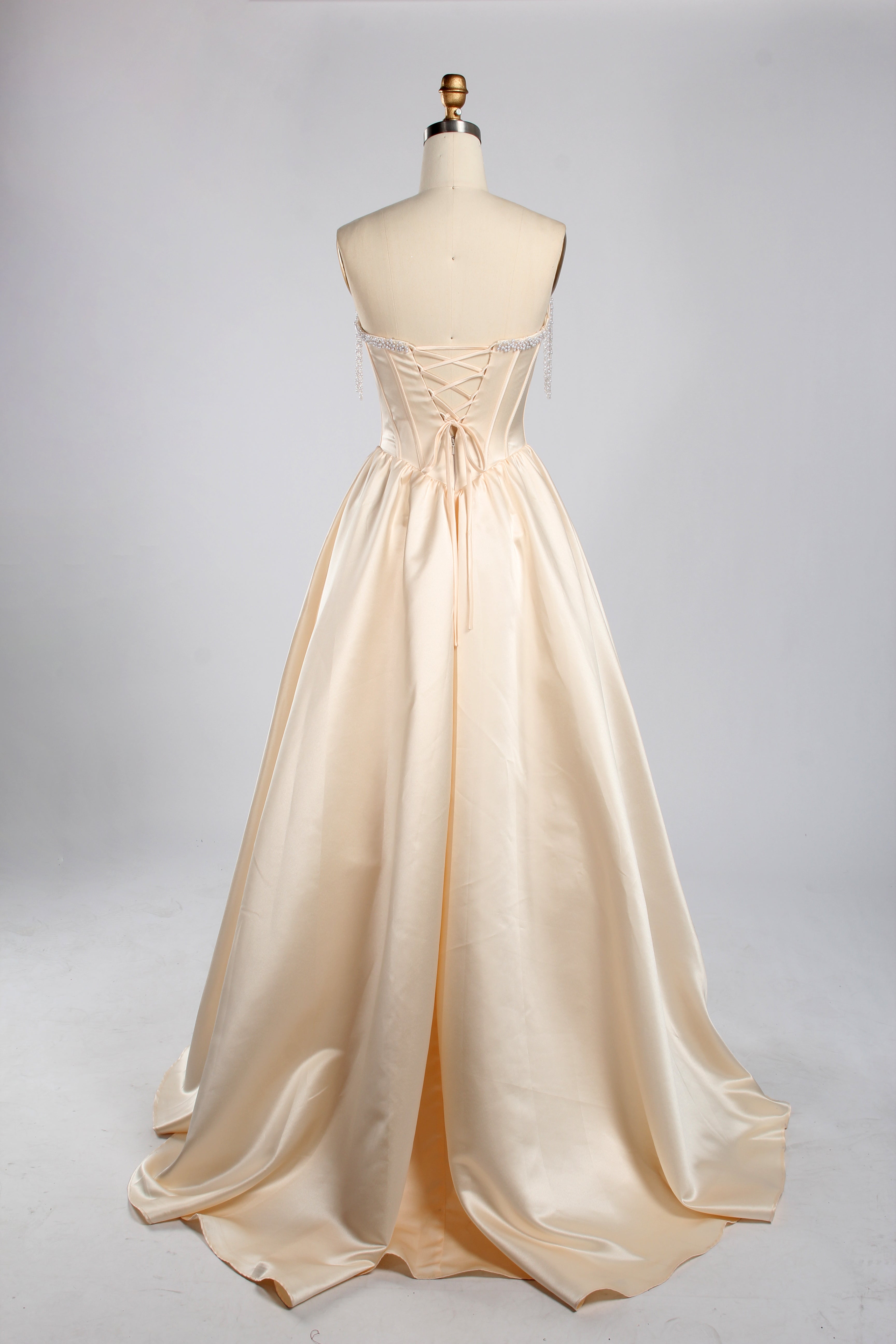 Wholesale Champagne Pearl Beaded Satin Prom Dress KT1464