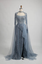 Beaded Dusty Blue Mother of the Bride Dress with High Slit MK135