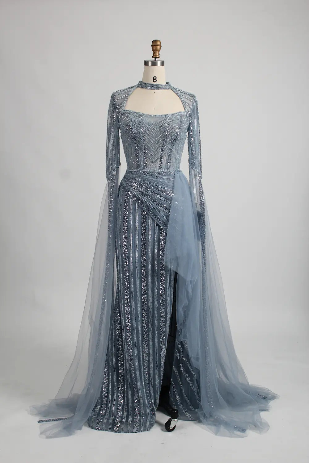 Beaded Dusty Blue Mother of the Bride Dress with High Slit MK135
