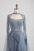 Beaded Dusty Blue Mother of the Bride Dress with High Slit MK135