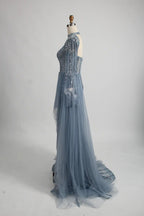 Beaded Dusty Blue Mother of the Bride Dress with High Slit MK135