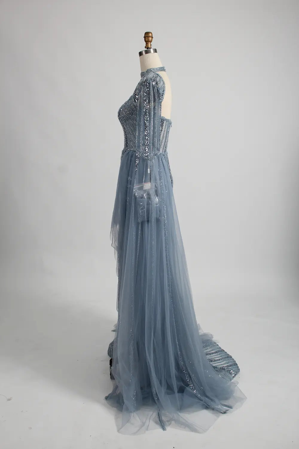Beaded Dusty Blue Mother of the Bride Dress with High Slit MK135