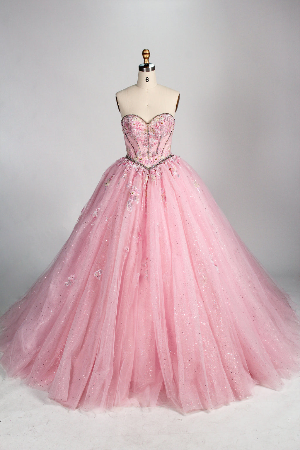 Wholesale Pink Quinceañera Dress Beaded Basque Waist Strapless Glitter Ball Gown 3377