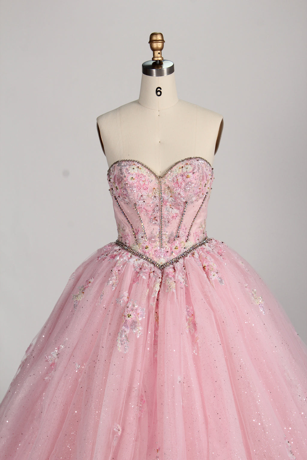 Wholesale Pink Quinceañera Dress Beaded Basque Waist Strapless Glitter Ball Gown 3377
