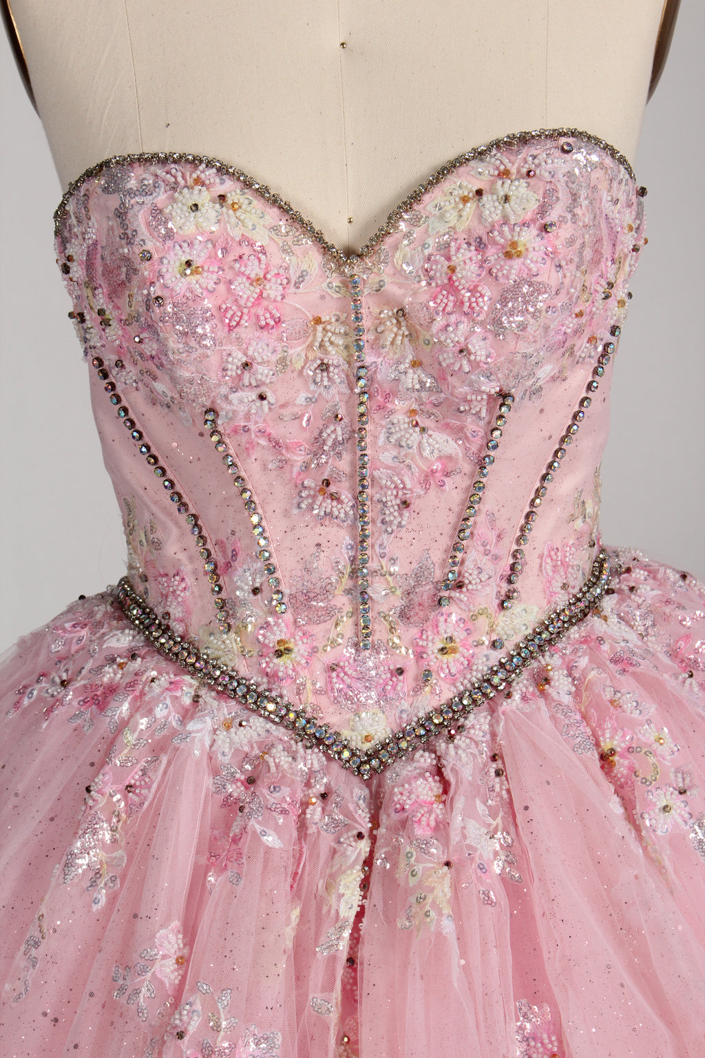 Wholesale Pink Quinceañera Dress Beaded Basque Waist Strapless Glitter Ball Gown 3377