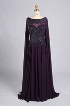 Dark Purple Beaded Cape Sleeves Chiffon A-Line Mother of the Bride Dress MC166