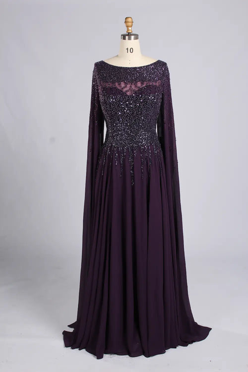 Dark purple beaded cape-sleeve A-line mother-of-the-bride dress with chiffon skirt